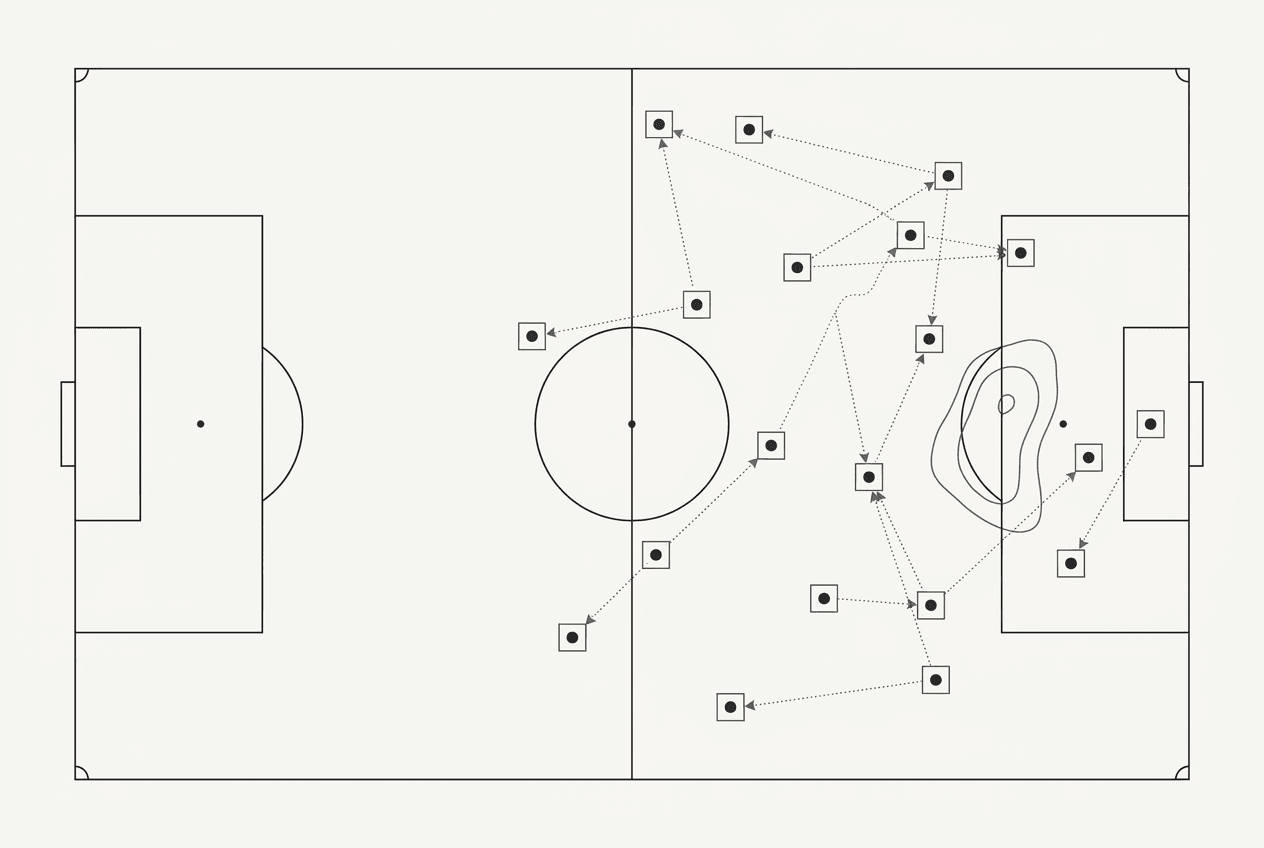 Tactical diagram of a soccer pitch with player bounding boxes, trajectory lines, and a heatmap contour